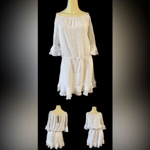Union of angels white on or off shoulders boho modern ruffle detail dress